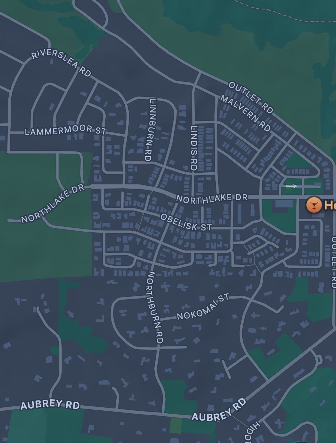 Map view of a residential neighborhood with street names including Riverslea Rd, Outler Rd, Malvern Rd, Lamermoore St, Linnburnn Rd, Lindis Rd, Northlake Dr, Obelisk St, Northburrn Rd, Nokomi St, Auburn Rd, and Northbrook Rd; with green areas and a restaurant icon.