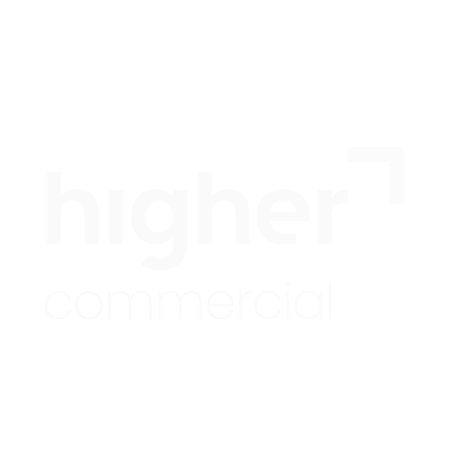 Text graphic reading "higher! commercial" in white font on a black background.