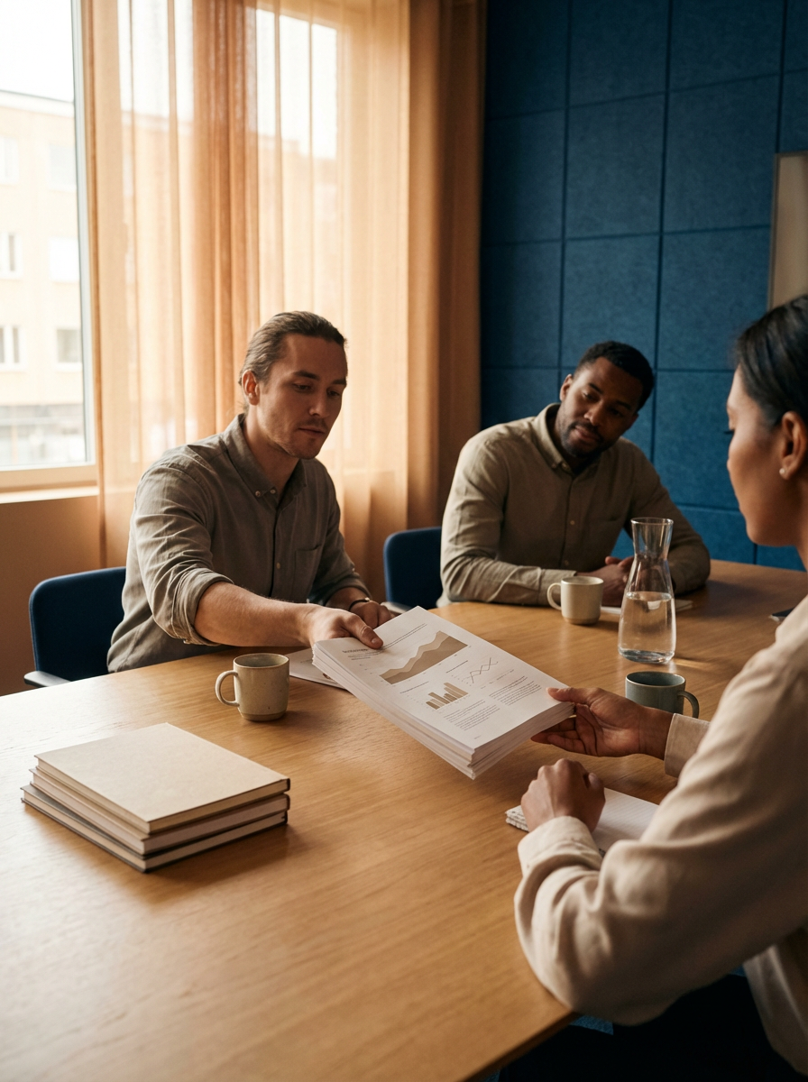 Three people having a business meeting in a conference room, with one person handing over printed documents with graphs to another person. There are notebooks, cups, and a water pitcher on the table.