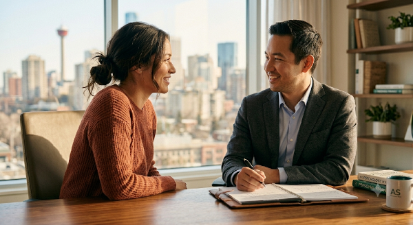 A woman and a man sitting at a desk, smiling and talking in a bright office with a city view through large windows.
