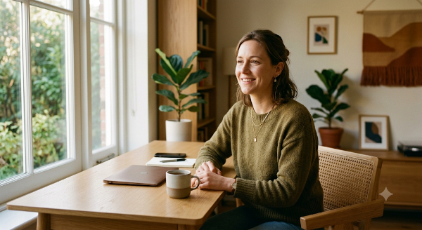 A woman sitting at a wooden desk with a coffee mug, laptop, and a tablet in a bright room with large windows and houseplants.