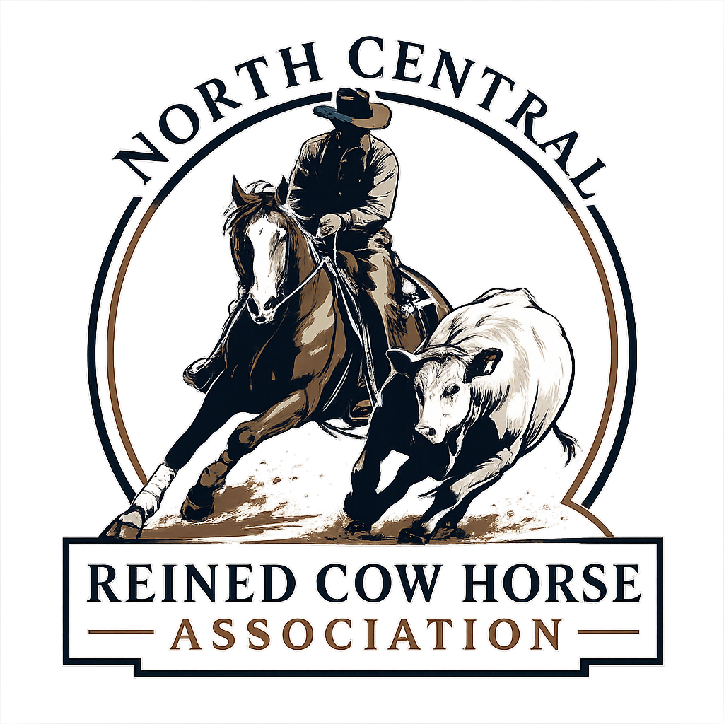 Logo for North Central Reined Cow Horse Association featuring a cowboy riding a horse and a reining cow with a black background.