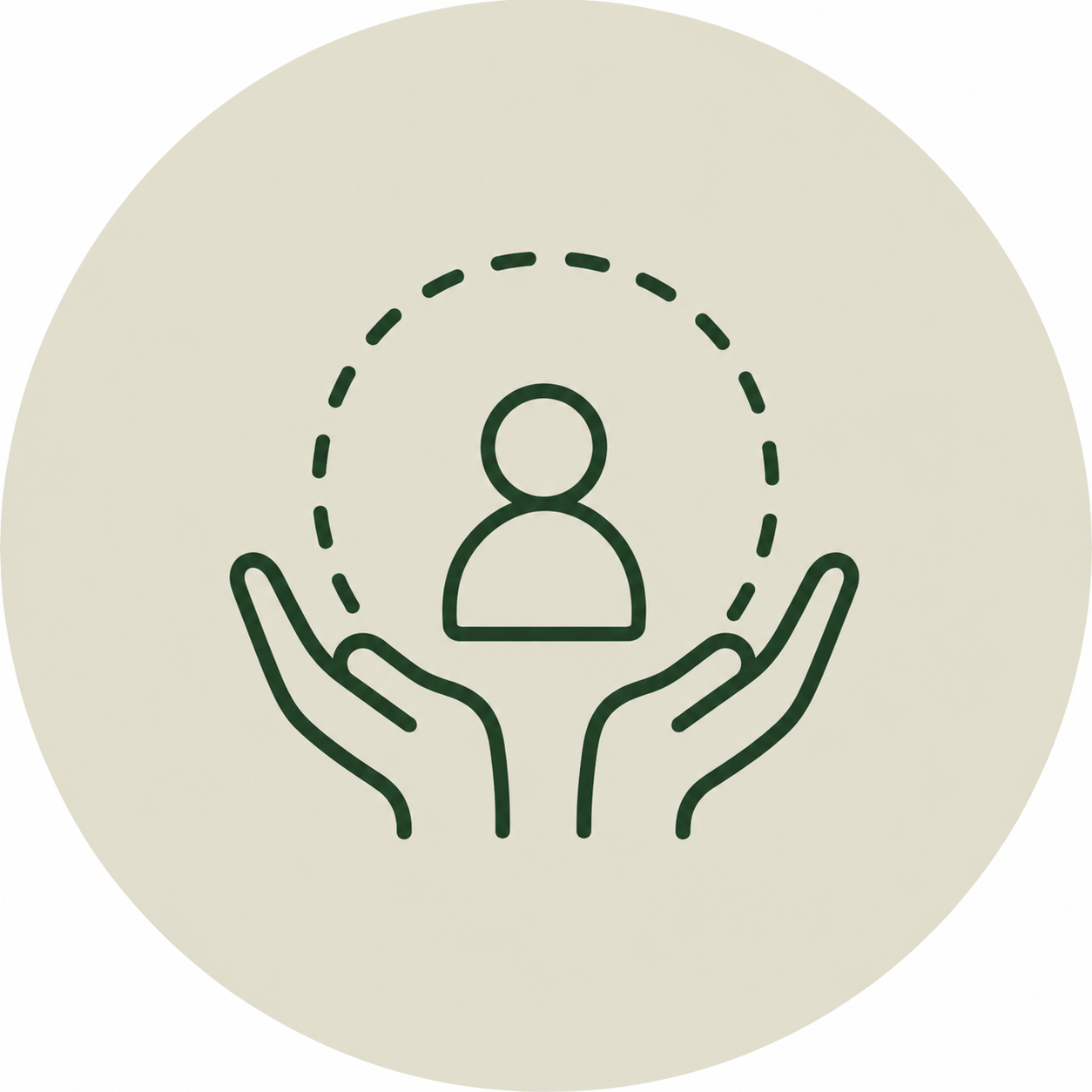 Outline of a person surrounded by dashed circle and held by two open hands.