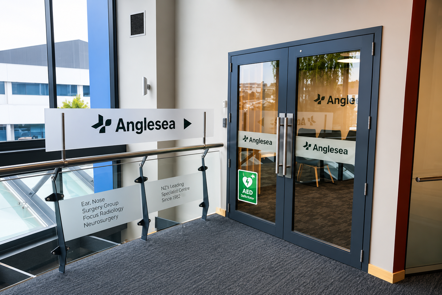 Indoor area near a glass door with signs for Anglesea and an AED sign, with information about medical specialties and services.