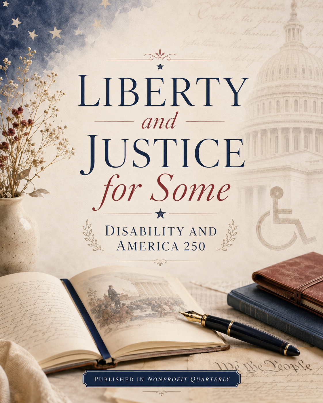 A cover with the title 'Liberty and Justice for Some' focused on disability and America 250, featuring an open book with historical illustrations, a fountain pen, stacked books, a vase with dried flowers, and a faint image of the U.S. Capitol building in the background.