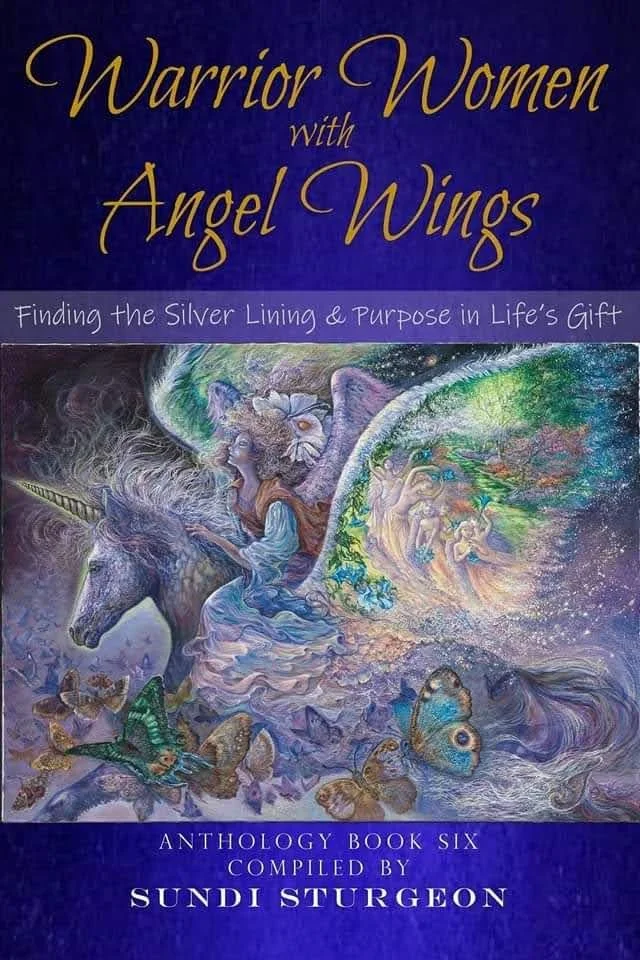 Book cover titled "Warrior Women with Angel Wings: Finding the Silver Lining & Purpose in Life's Gift, Anthology Book Six, compiled by Sundi Sturgeon." The cover features fantasy artwork of a unicorn, a woman with angel wings, butterflies, and mystical imagery.