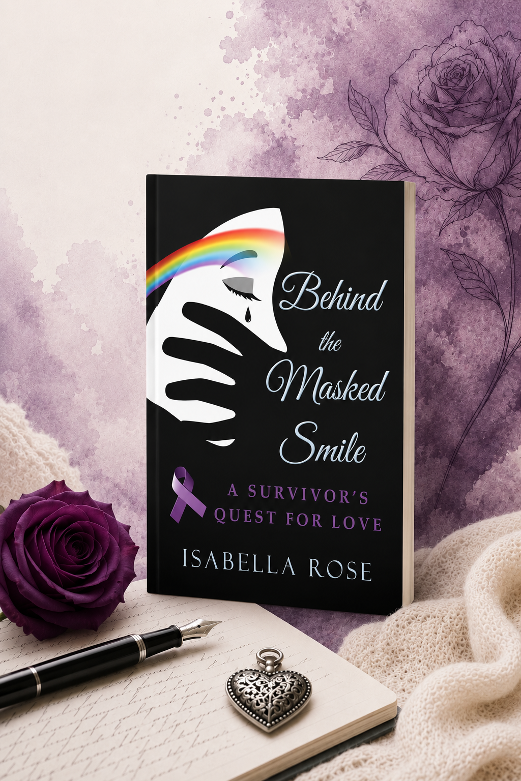 A book titled 'Behind the Masked Smile: A Survivor's Quest for Love' by Isabella Rose, with a graphic of a sad face with a tear, a rainbow, and a purple ribbon on the cover. The setting includes a purple rose, a fountain pen, a heart-shaped locket, a handwritten notebook, and purple flowers on a soft fabric background.