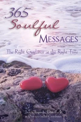 Book cover titled '365 Soulful Messages: The Right Guidance at the Right Time' with two red hearts on rocks near water.