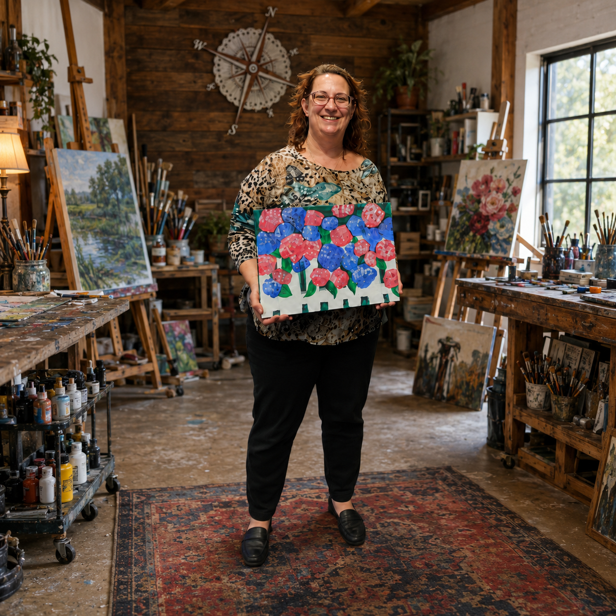 A woman in an art studio holding a colorful painting of mushrooms with a smile. The studio has paintings, art supplies, and natural light from a window.