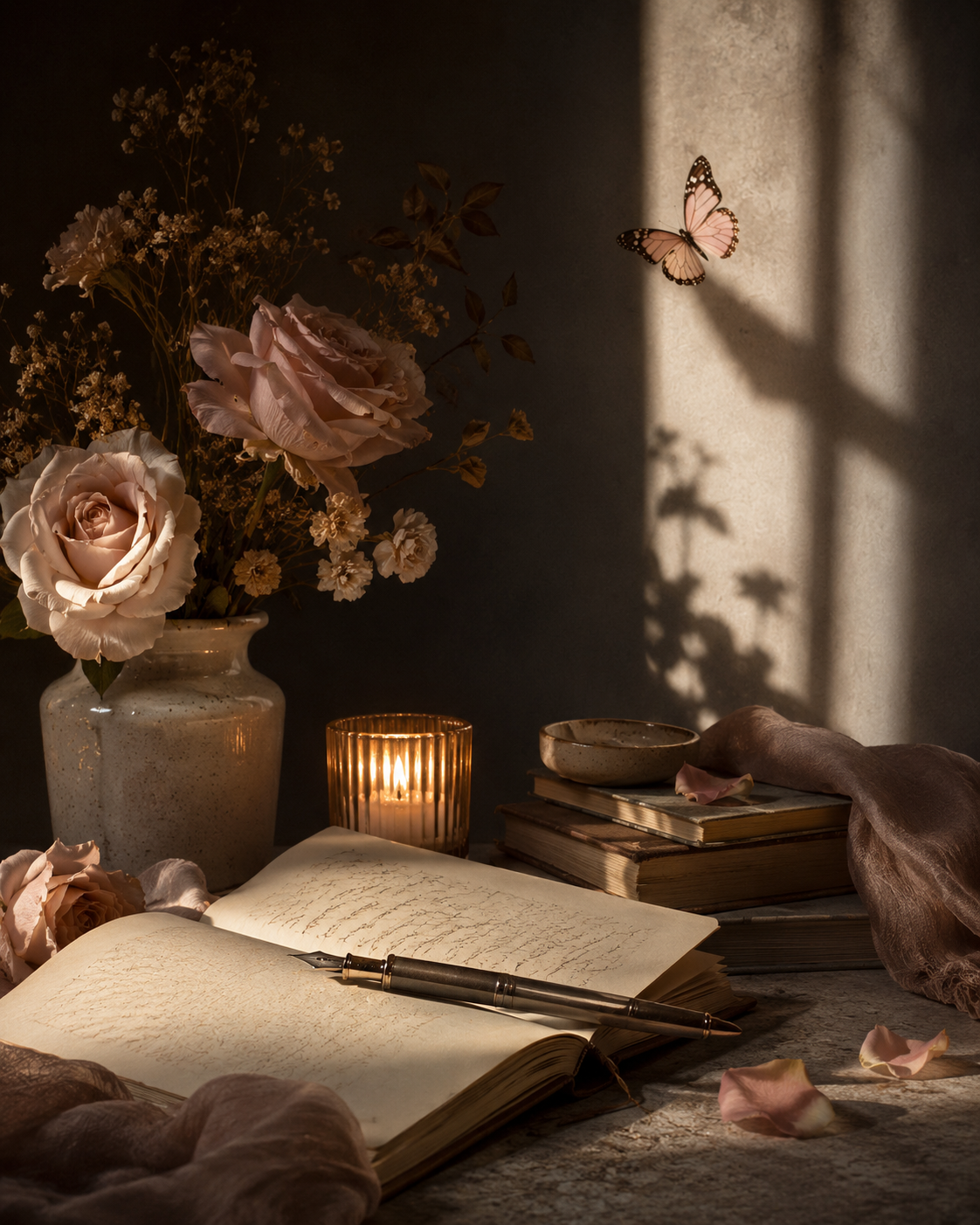 A still life scene with an open journal and a fountain pen on a rustic wooden table, a vase with pink roses and baby's breath, a lit candle in a glass holder, a stack of books with a small bowl on top, and scattered rose petals, with soft light and shadows cast on a dark wall.