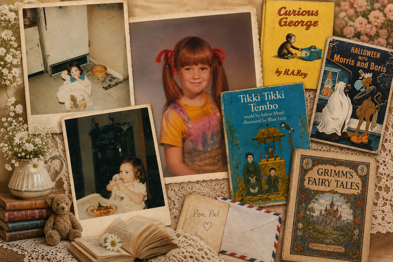 A collage of vintage photographs and old children’s books with a flower vase, teddy bear, and an open book on a doily-covered table. Central is a young girl with red hair in pigtails, wearing a yellow shirt and pink tie-dye overalls, smiling at the camera. The photographs depict her as a toddler in the kitchen and eating at a table. The books include 'Curious George,' 'Halloween with Morris and Boris,' 'Tikki Tikki Tembo,' and 'Grimm's Fairy Tales.'