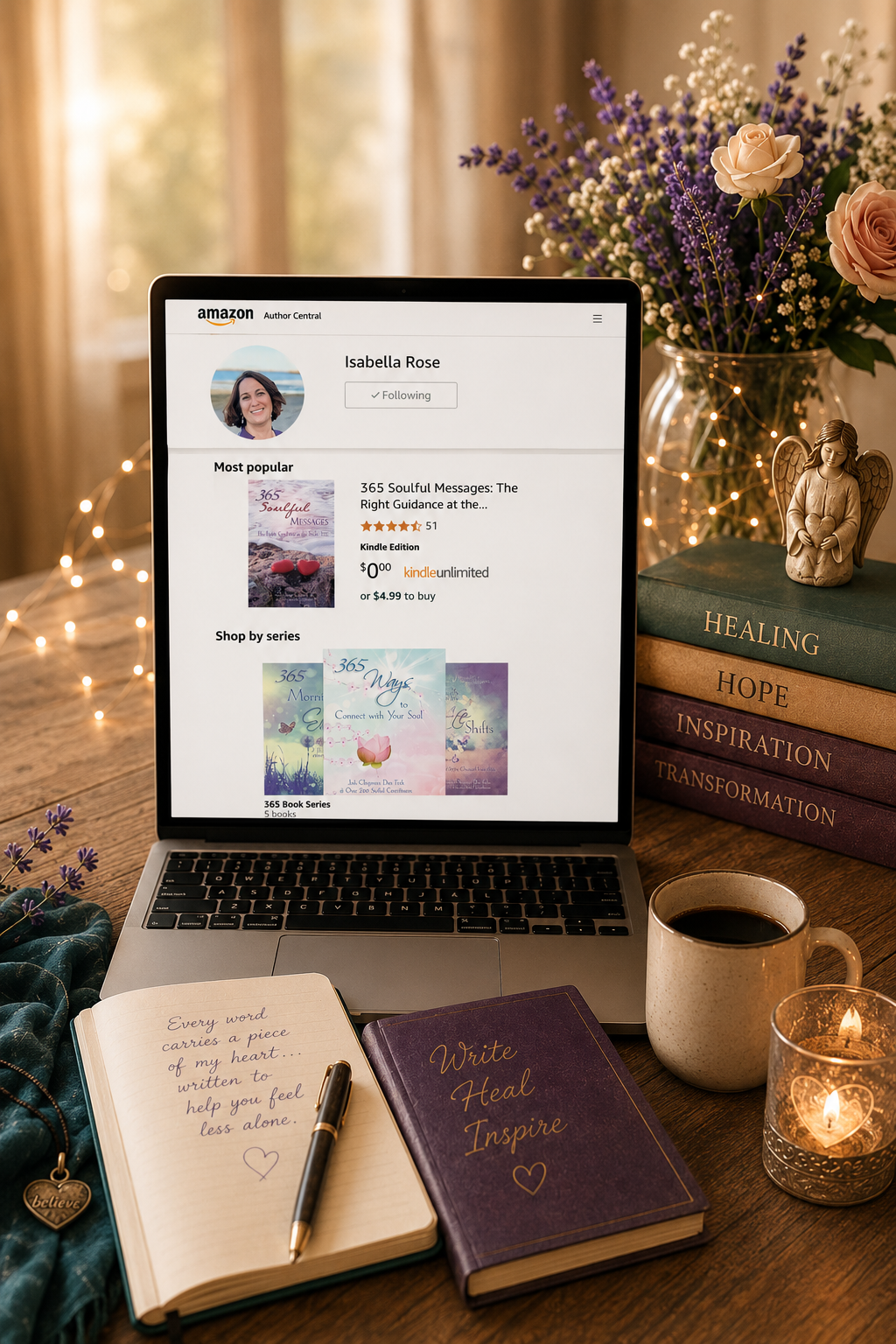 A laptop displaying an author page for Isabella Rose on Amazon, with books and flowers in a cozy, decorated workspace.