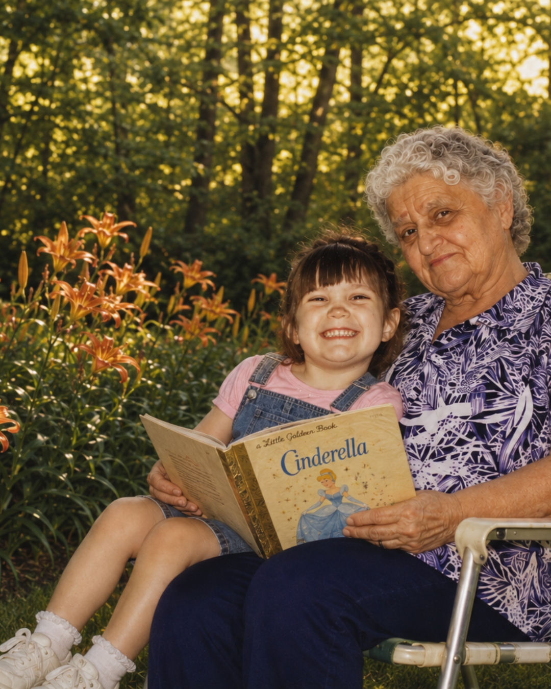 Grandmother and young girl reading 'Cinderella' book outdoors in a garden with orange lilies and green trees.