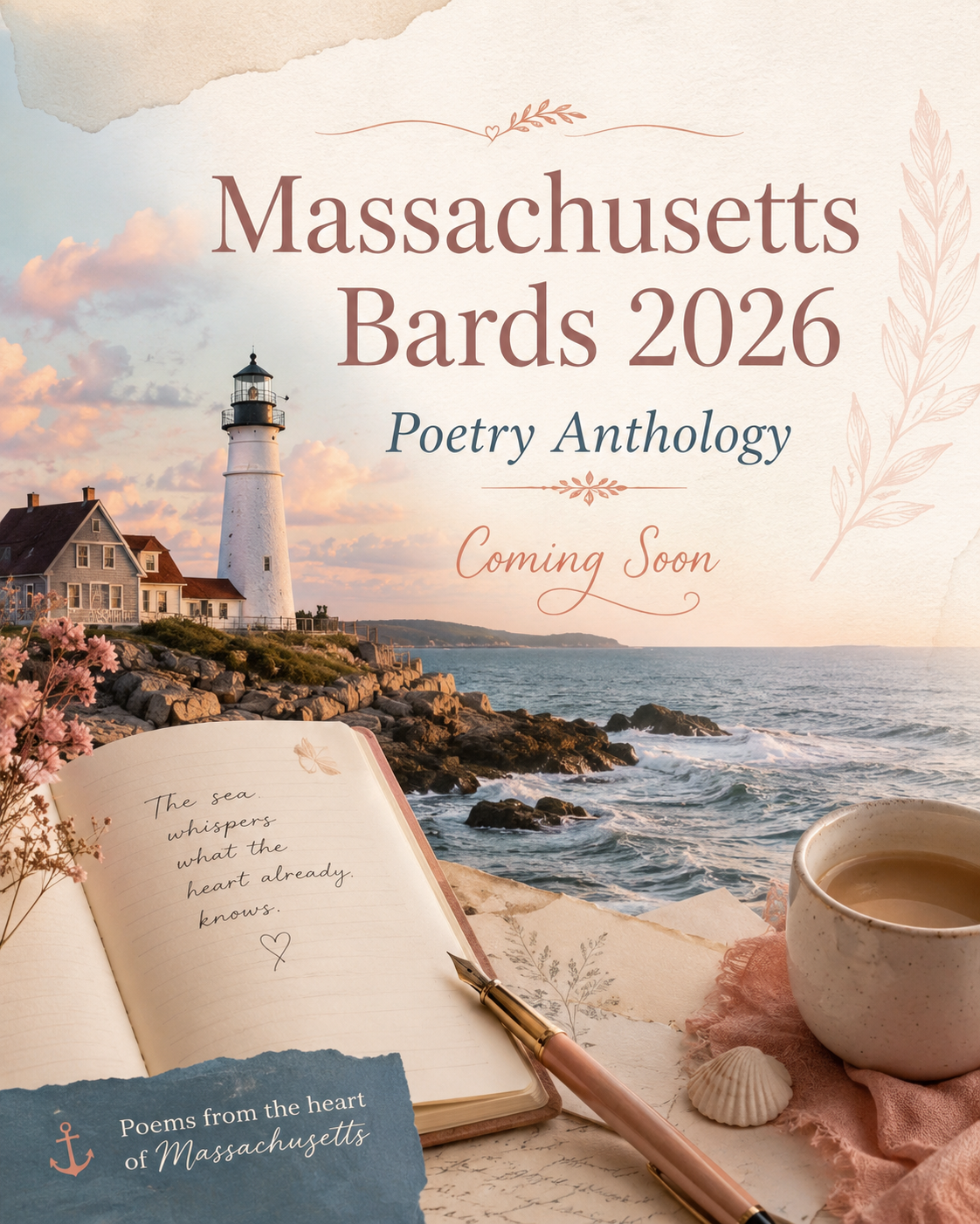 Cover of a poetry anthology titled "Massachusetts Bards 2026," featuring a lighthouse, ocean, and a journal, with the message "The sea whispers what the heart already knows."