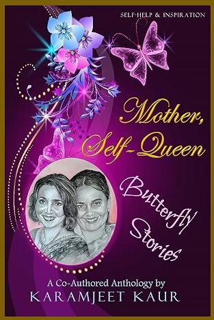 Book cover titled 'Mother, Self-Queen, Butterfly Stories' featuring purple and pink floral designs and a butterfly, with a black and white photo of two women.