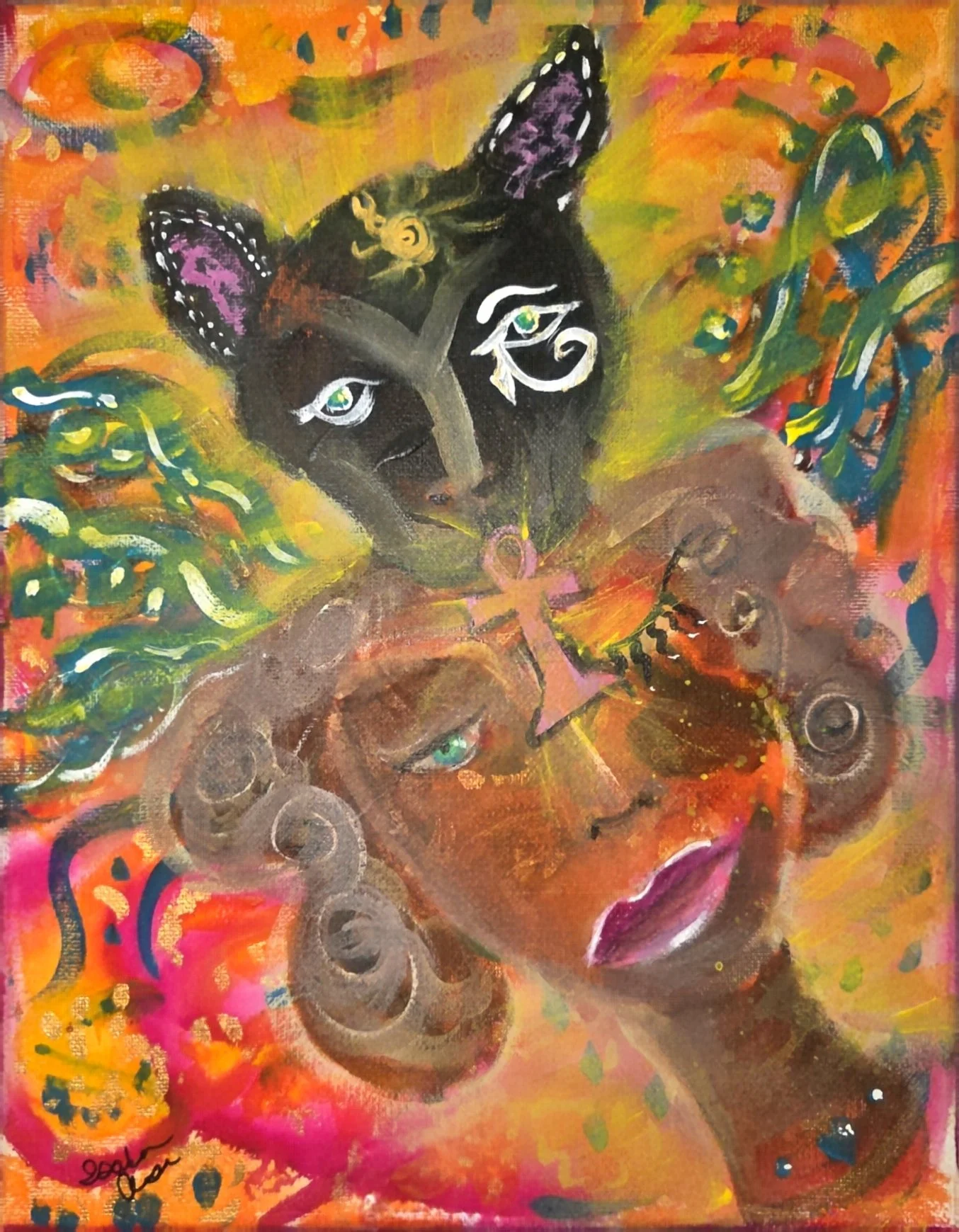Colorful abstract painting featuring a woman's face with vibrant background, butterflies, and swirling patterns.