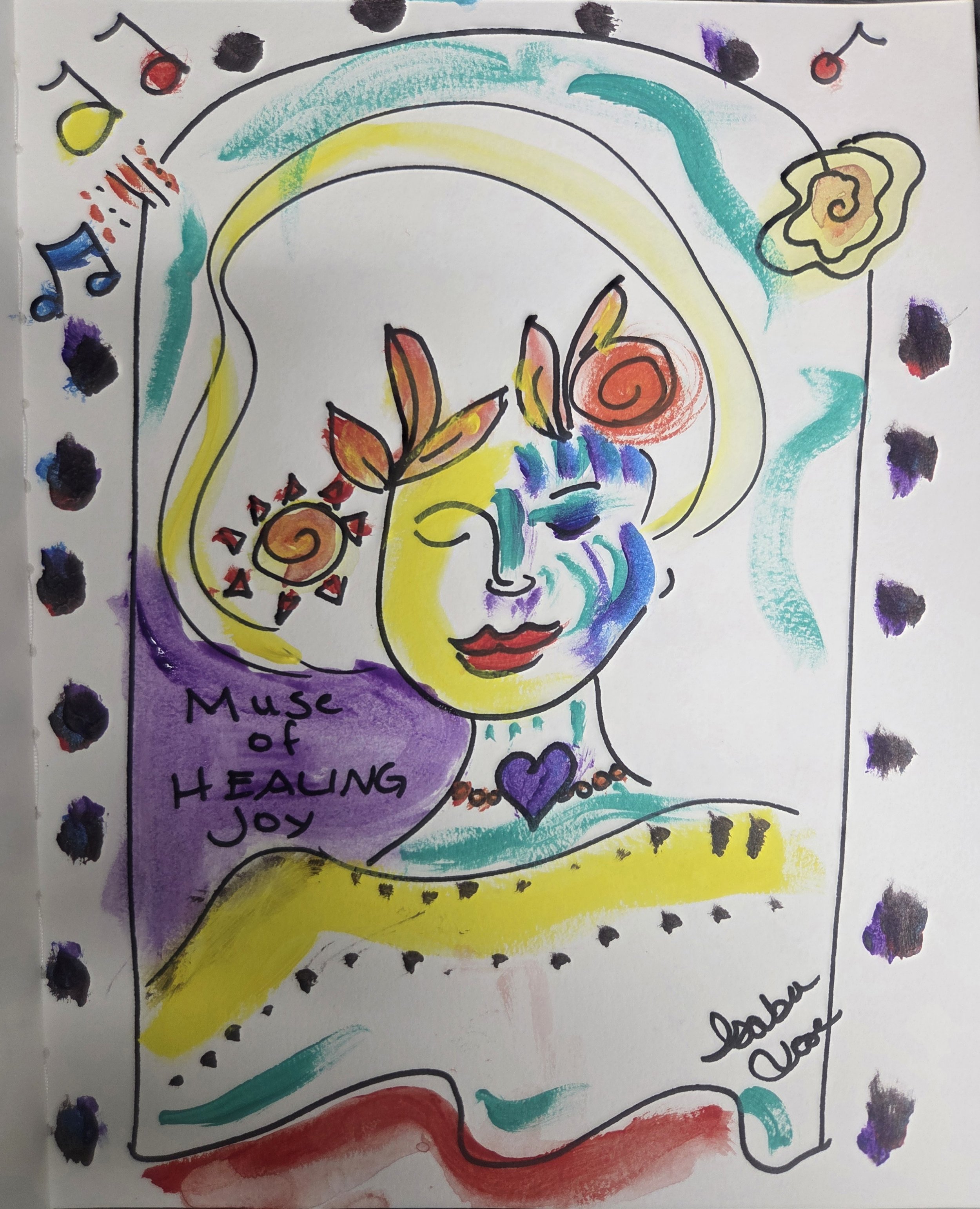 A colorful, abstract drawing of a human face with a rainbow, flowers, hearts, and musical notes. The face has closed eyes, red lips, and is surrounded by vibrant shades of yellow, purple, blue, and red. Handwritten text in the lower left corner reads 'Muse of Healing Joy'.