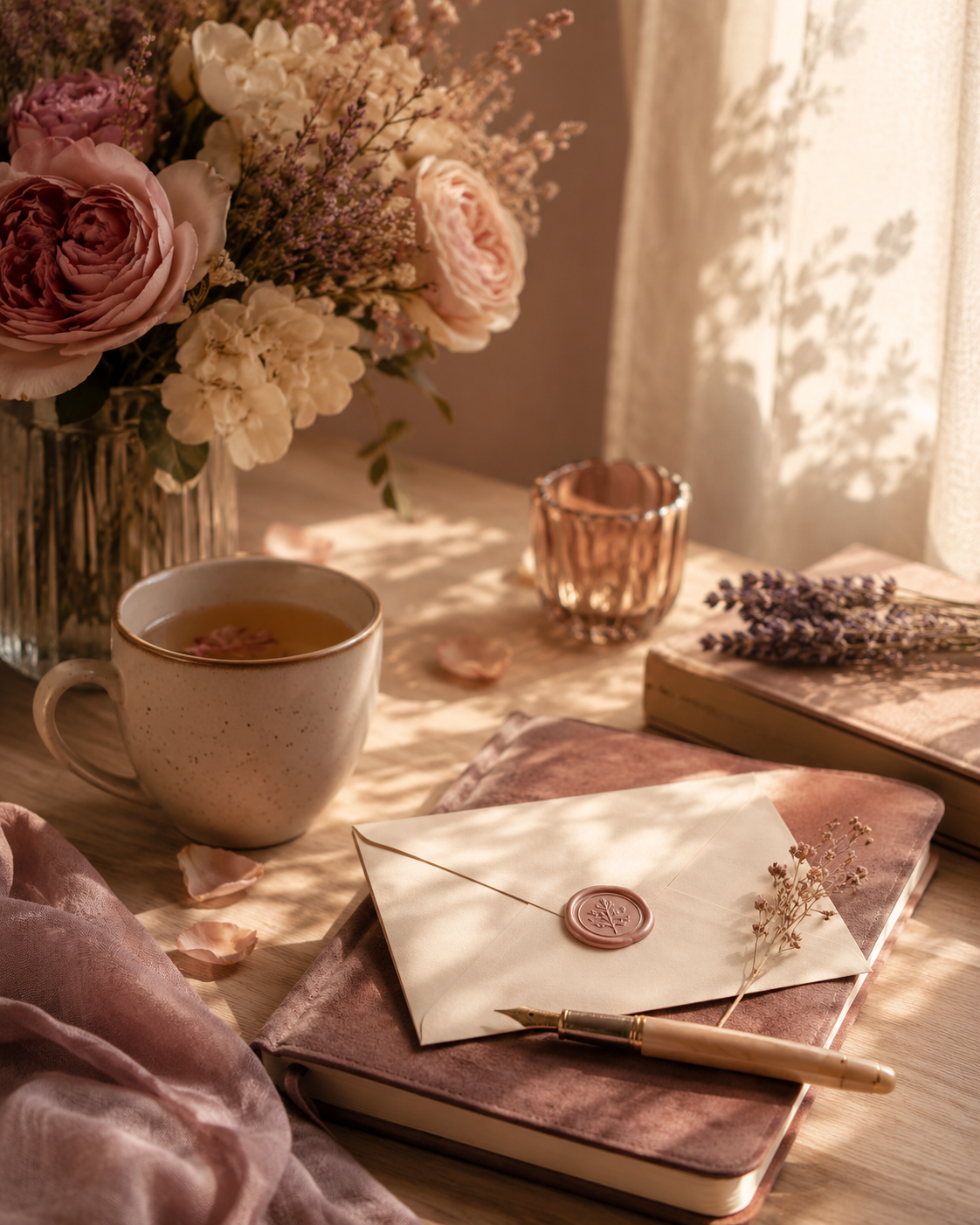 A cozy scene with a floral bouquet, a mug of tea, lavender sprigs, a wax candle holder, a sealed letter with a wax seal, and notebooks on a wooden table near a sunlit window.