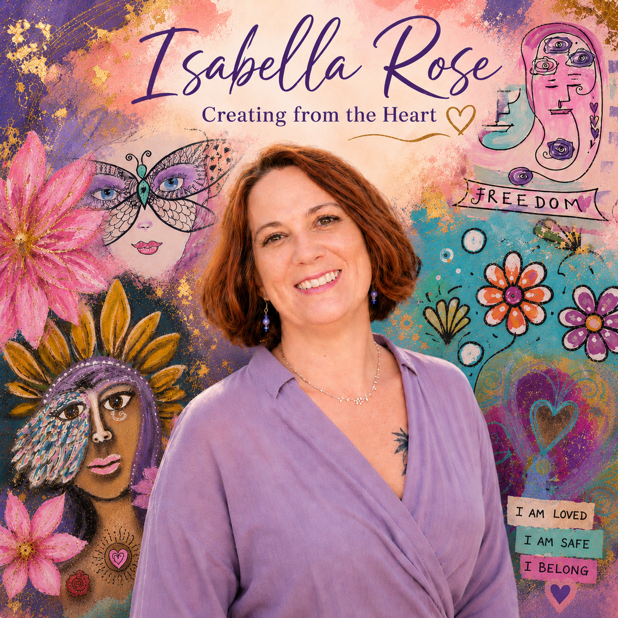 Portrait of a woman with short auburn hair smiling, wearing a purple blouse and jewelry, standing in front of a colorful artistic background with drawings of flowers, a butterfly, a woman with a sun-shaped face, and words like 'Freedom' and phrases such as 'I am loved, I am safe, I belong'.