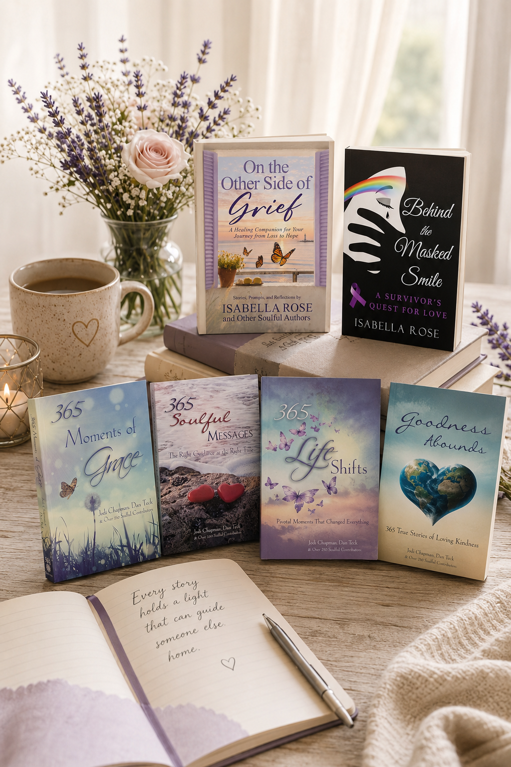 A collection of inspirational and healing books about grief, soulfulness, and kindness arranged on a wooden table with a notebook, pen, coffee mug, candle, and a flower vase in the background.