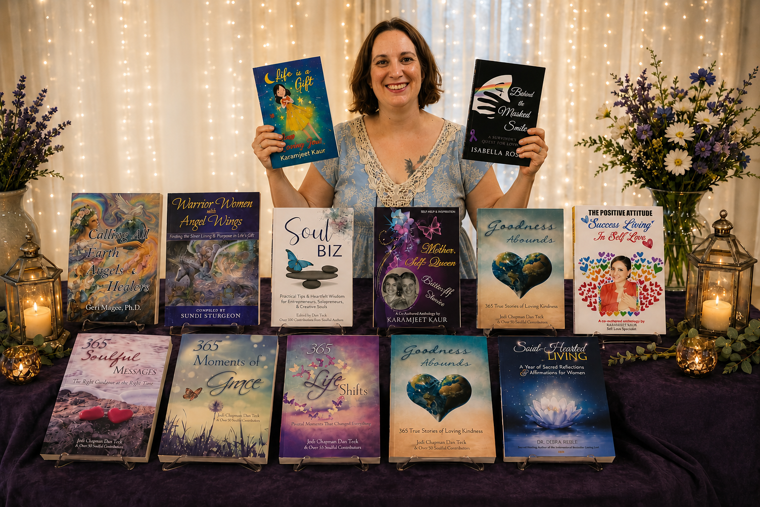 A woman standing behind a table displaying multiple books, with fairy lights and flower arrangements in the background. She is smiling and holding two books, one in each hand.