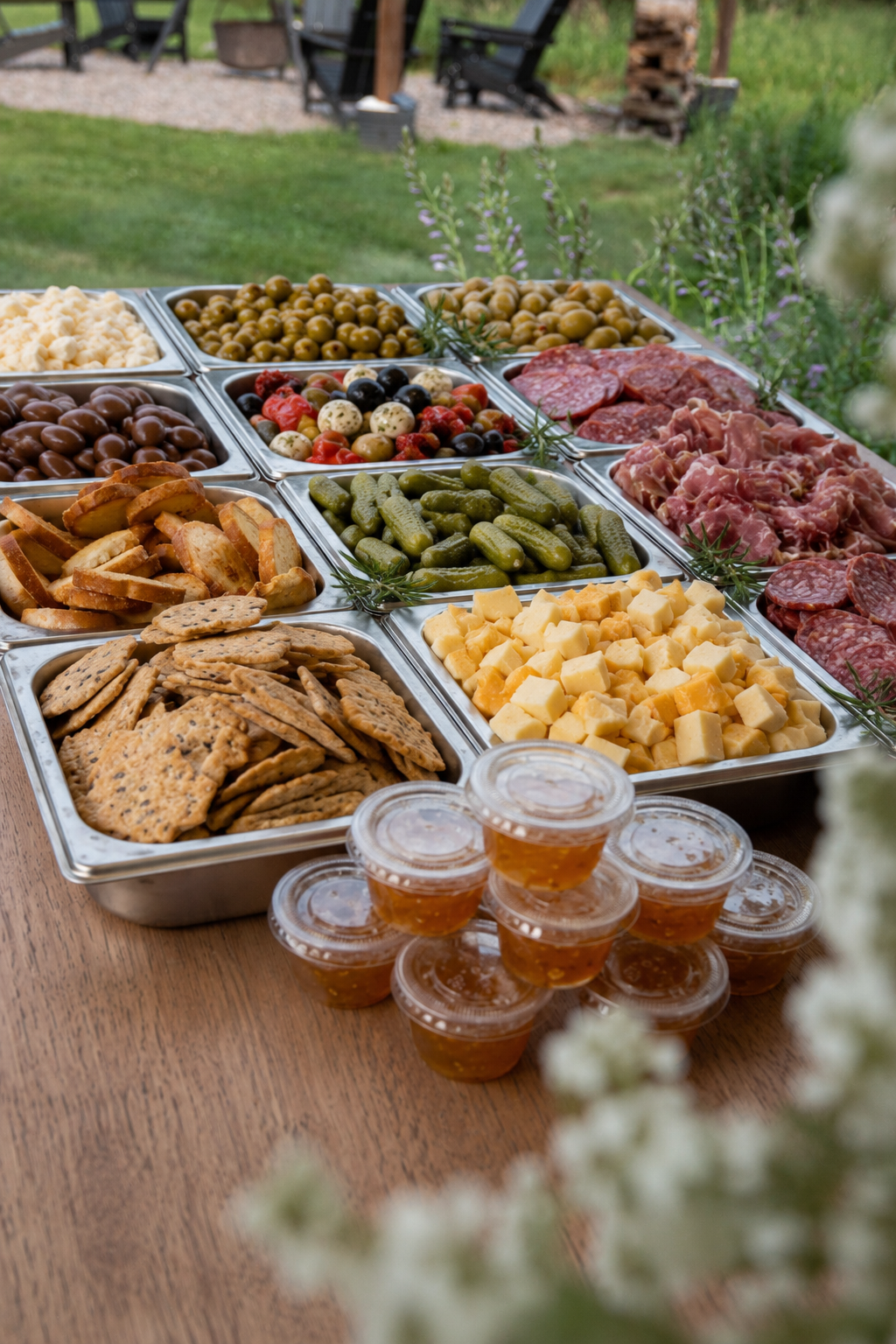 Assorted appetizers including cheese cubes, pickles, various meats, crackers, olives, berries, and honey in small containers, set on a wooden table outdoors.