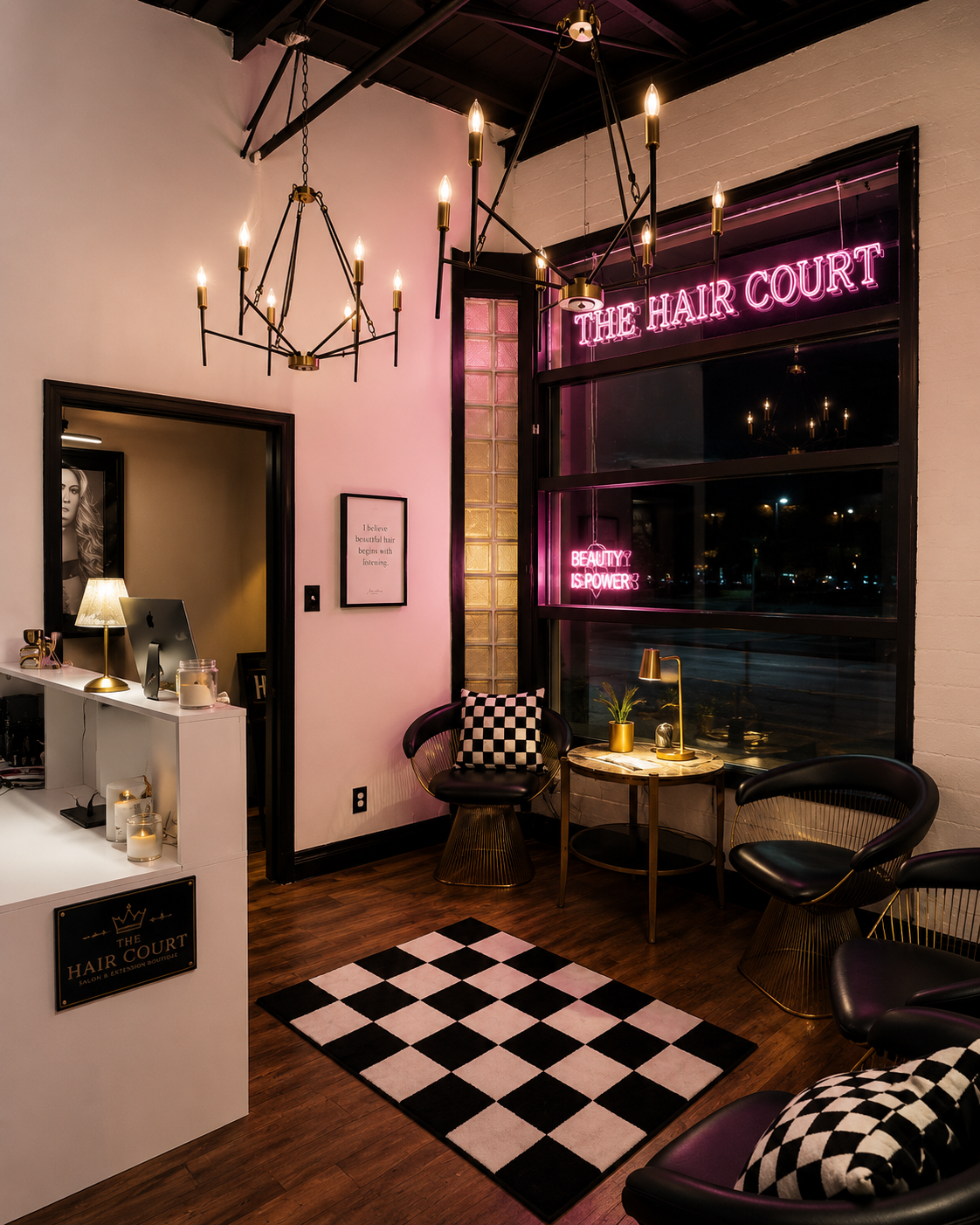 Luxury reception area inside The Hair Court Salon & Extension Boutique in Bryan, Texas, featuring modern black and gold decor, designer lighting, and upscale client seating.