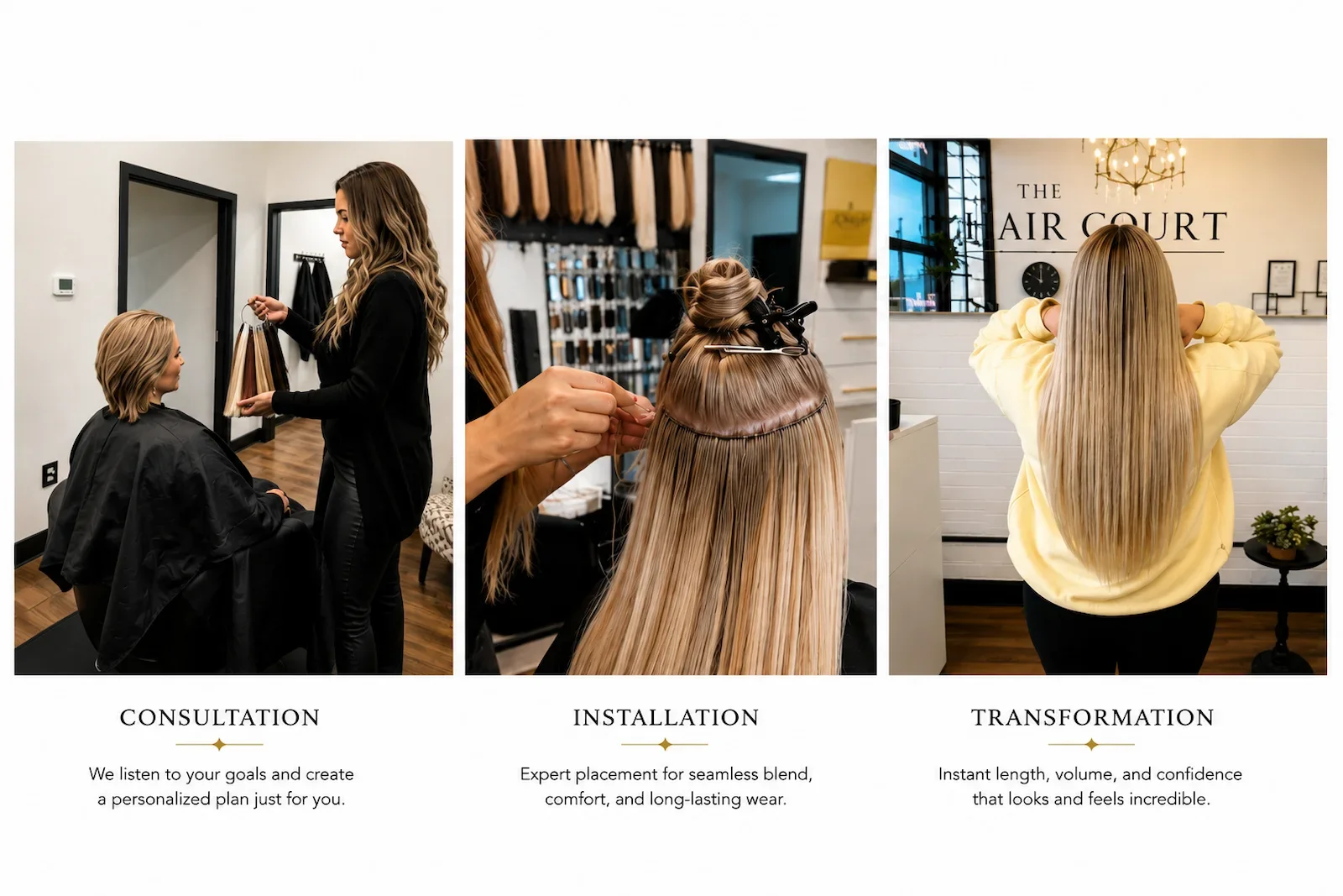 Step-by-step luxury hand-tied hair extension installation and transformation at The Hair Court Salon & Extension Boutique in Bryan-College Station, Texas.