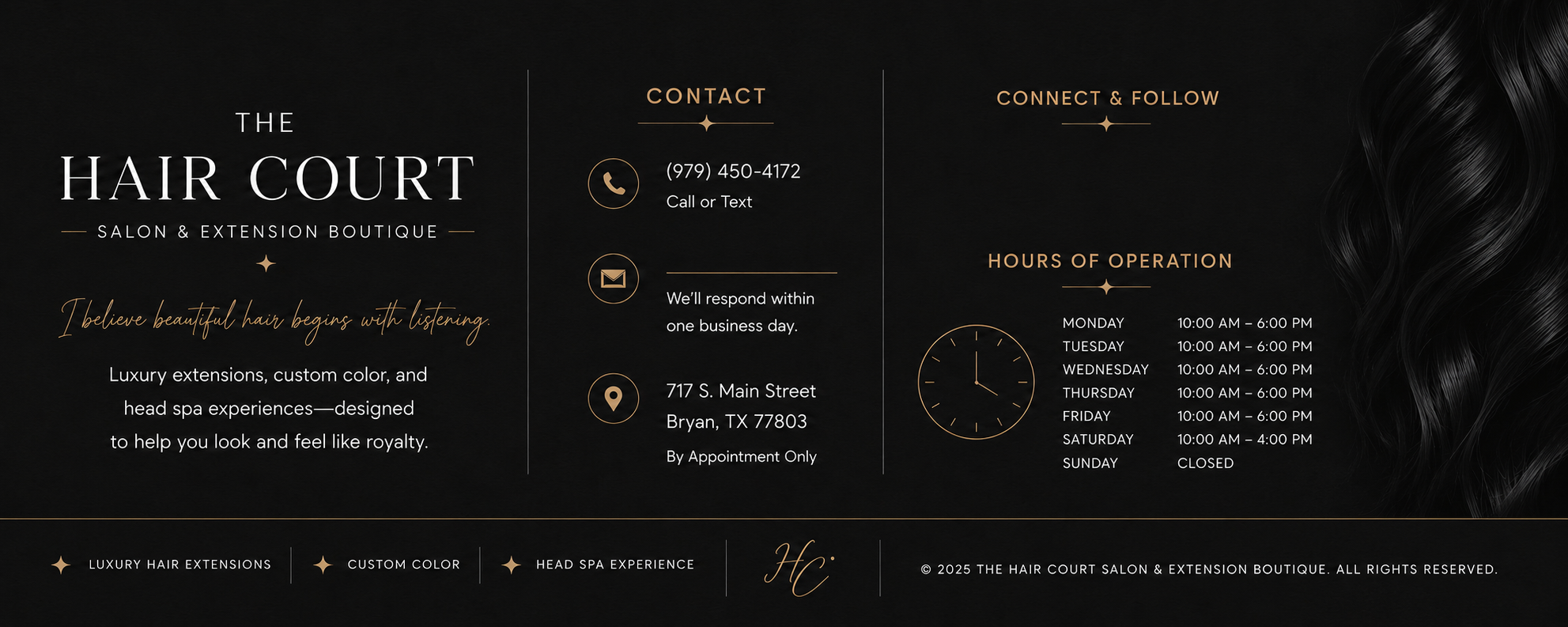 Luxury website footer for The Hair Court Salon & Extension Boutique in Bryan, Texas, featuring salon branding, contact information, hours of operation, and social media section.