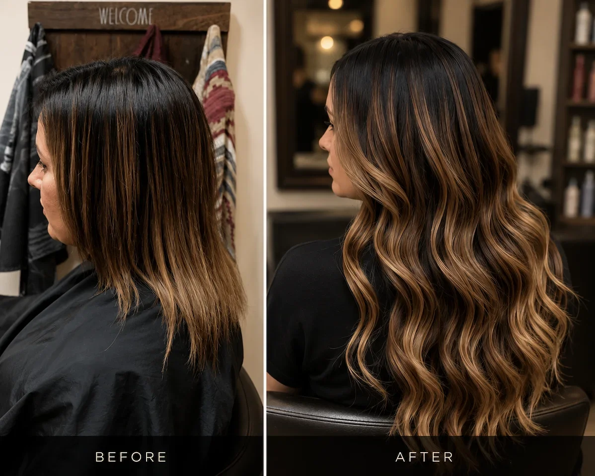 Before and after brunette balayage hair extension transformation at The Hair Court in Bryan, Texas, showcasing seamless length, natural volume, and dimensional color.