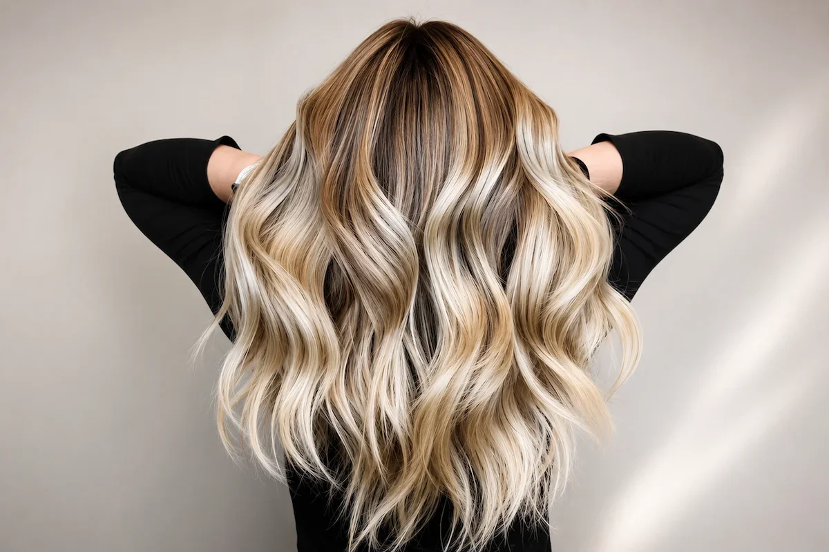 Luxury hand-tied hair extensions installed at The Hair Court Salon & Extension Boutique in Bryan-College Station, Texas.