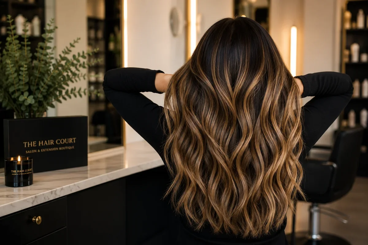 Luxury dimensional custom hair color with rich brunette balayage and seamless blended highlights at The Hair Court Salon & Extension Boutique in Bryan–College Station, Texas.