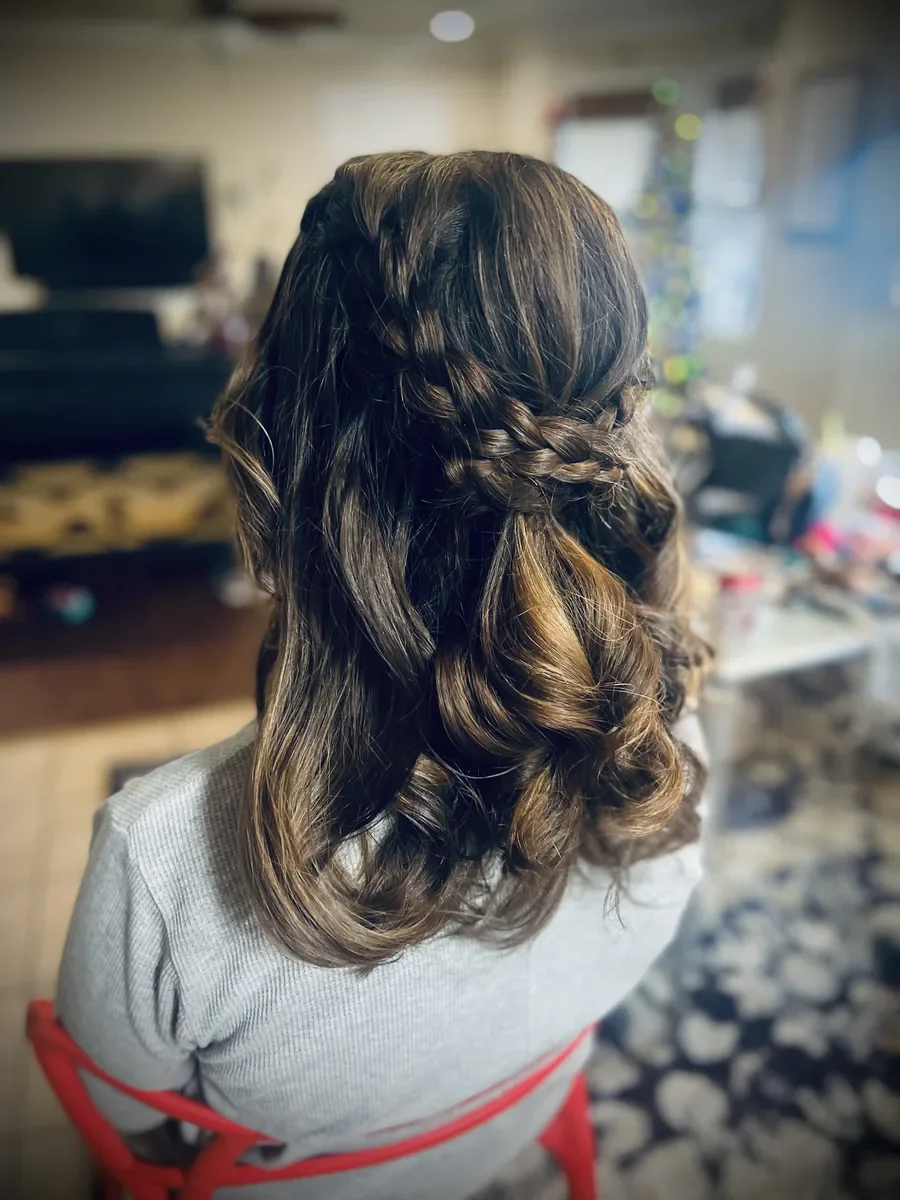 Brunette curled formal updo by The Hair Court in Bryan-College Station, TX.