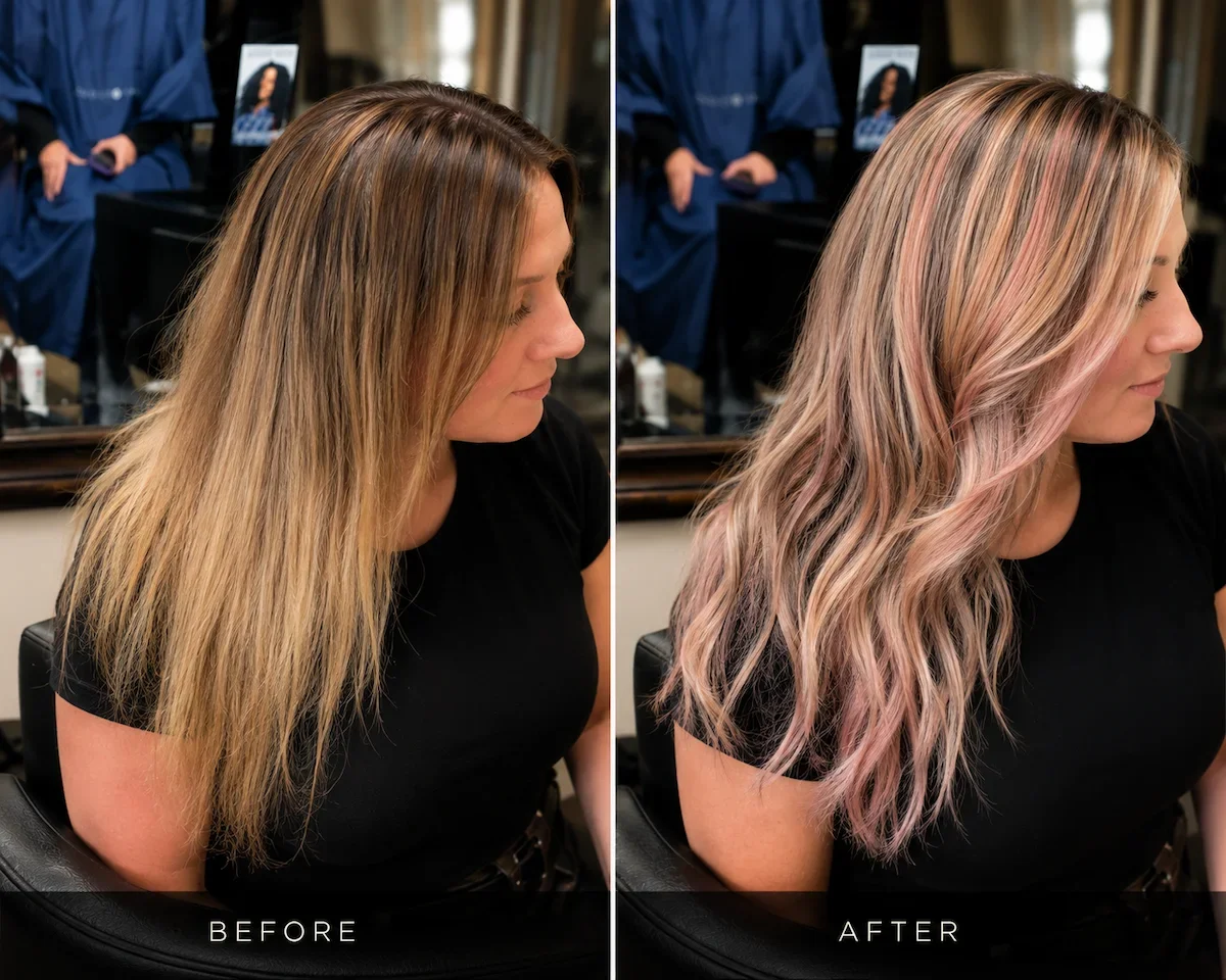 Before and after blonde hair extension transformation with soft pink dimensional highlights at The Hair Court in Bryan, Texas, featuring seamless length, custom color, and natural movement.