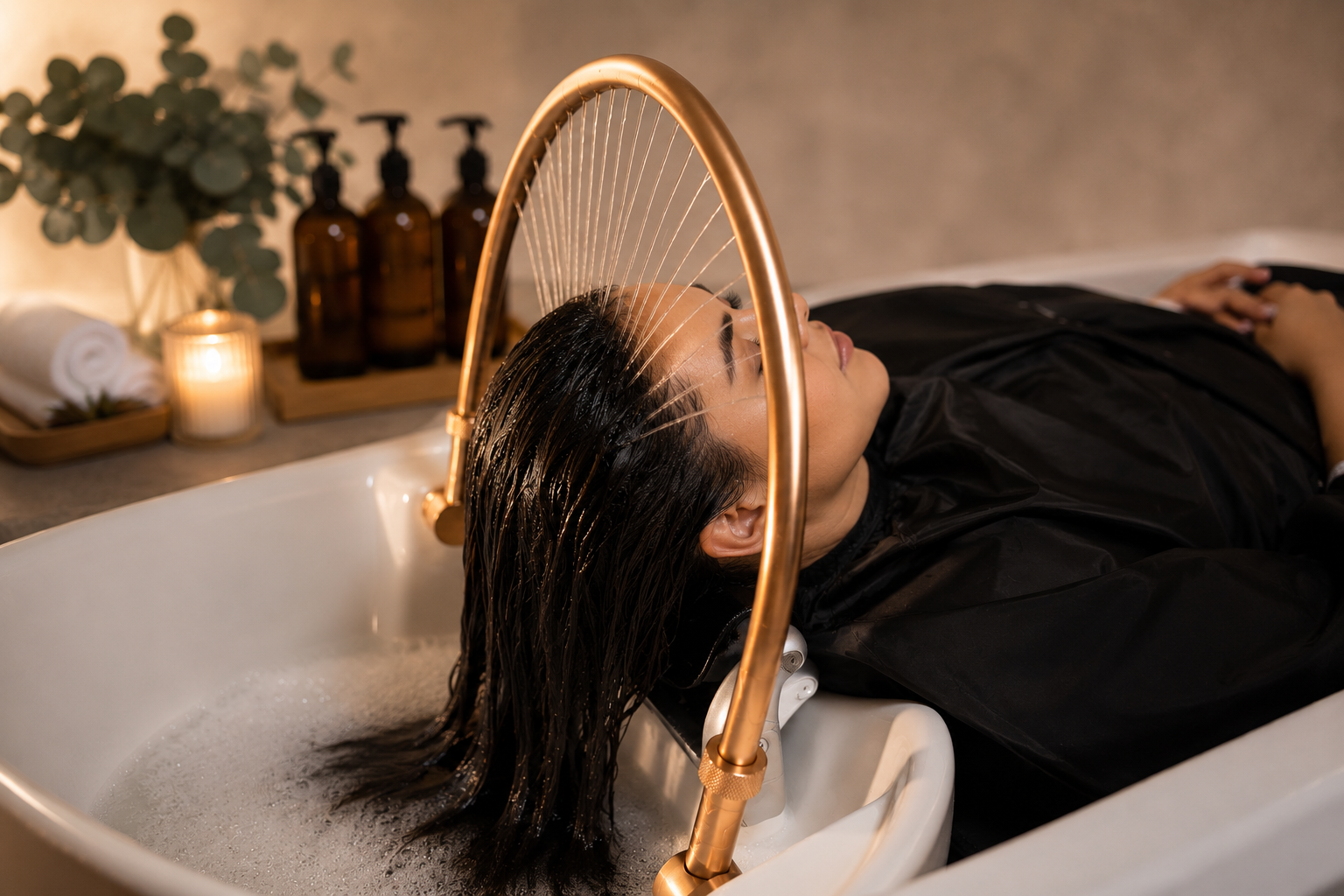 Luxury head spa treatment featuring a soothing water halo, scalp therapy, and relaxation at The Hair Court Salon & Extension Boutique in Bryan–College Station, Texas.
