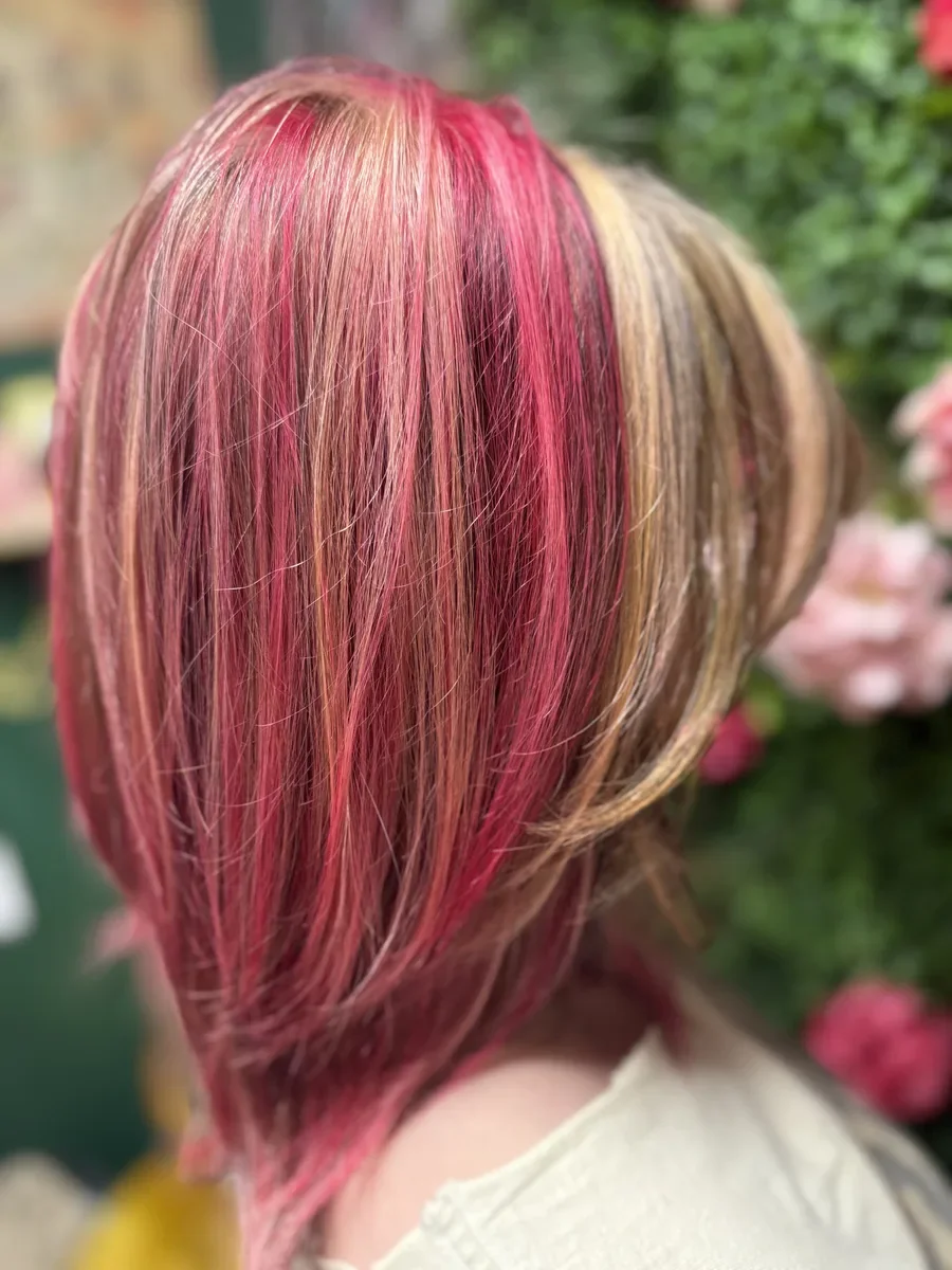 Pink and blonde fashion color bob by The Hair Court in Bryan-College Station, TX.