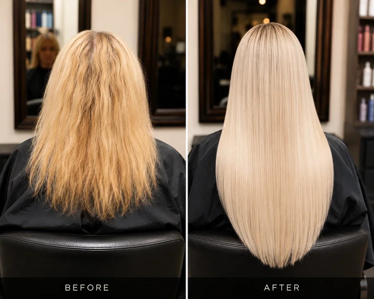 Before and after platinum blonde hair extension transformation at The Hair Court in Bryan, Texas, featuring dramatic length, silky shine, and seamless color matching.