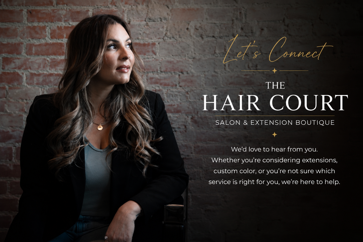 Courtney, owner and extension specialist at The Hair Court Salon & Extension Boutique in Bryan, Texas, welcoming clients for luxury hair extensions and custom color consultations.