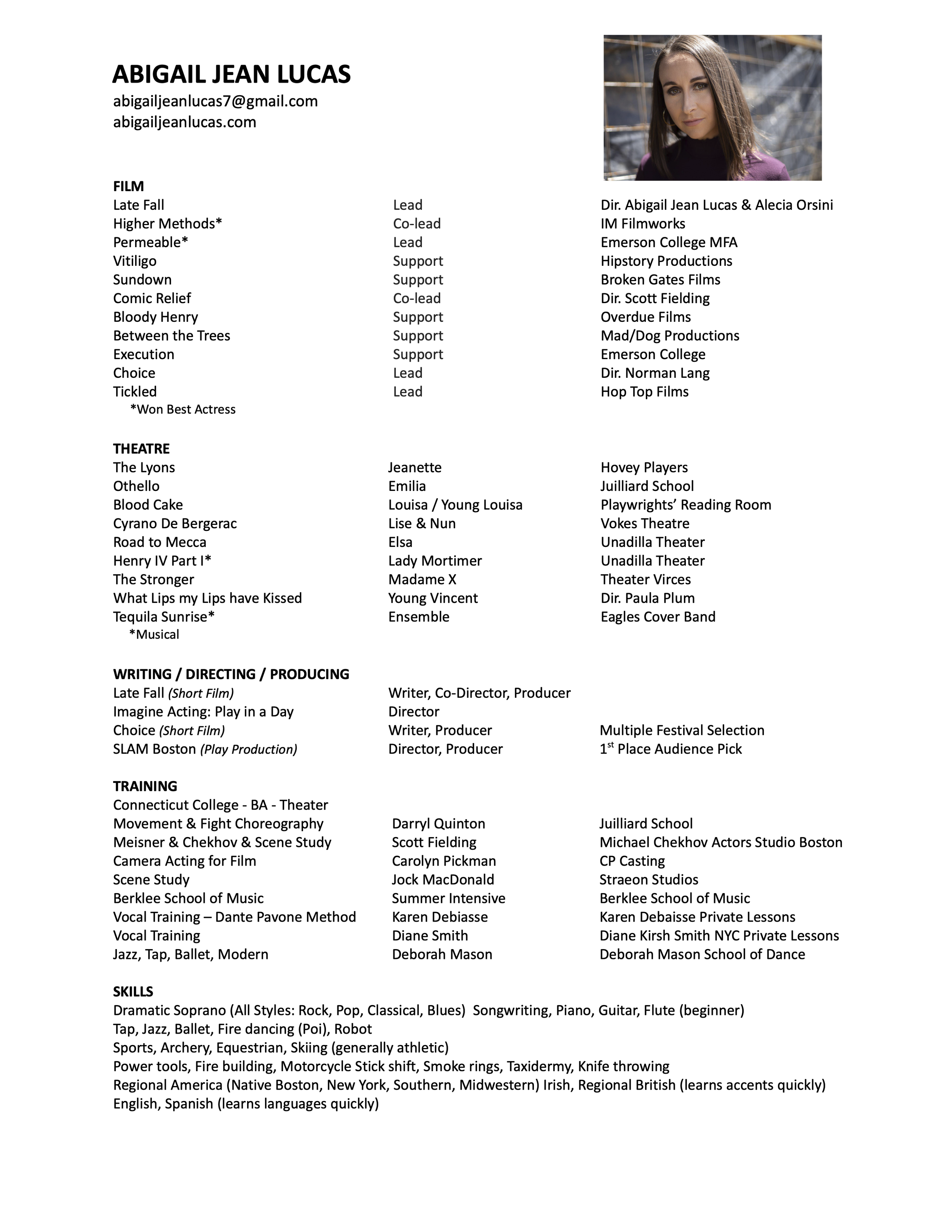 A resume of Abigail Jean Lucas includes a photo of a woman with brown hair and a serious expression. The document lists her contact information, film projects, theatre roles, skills, and training details.