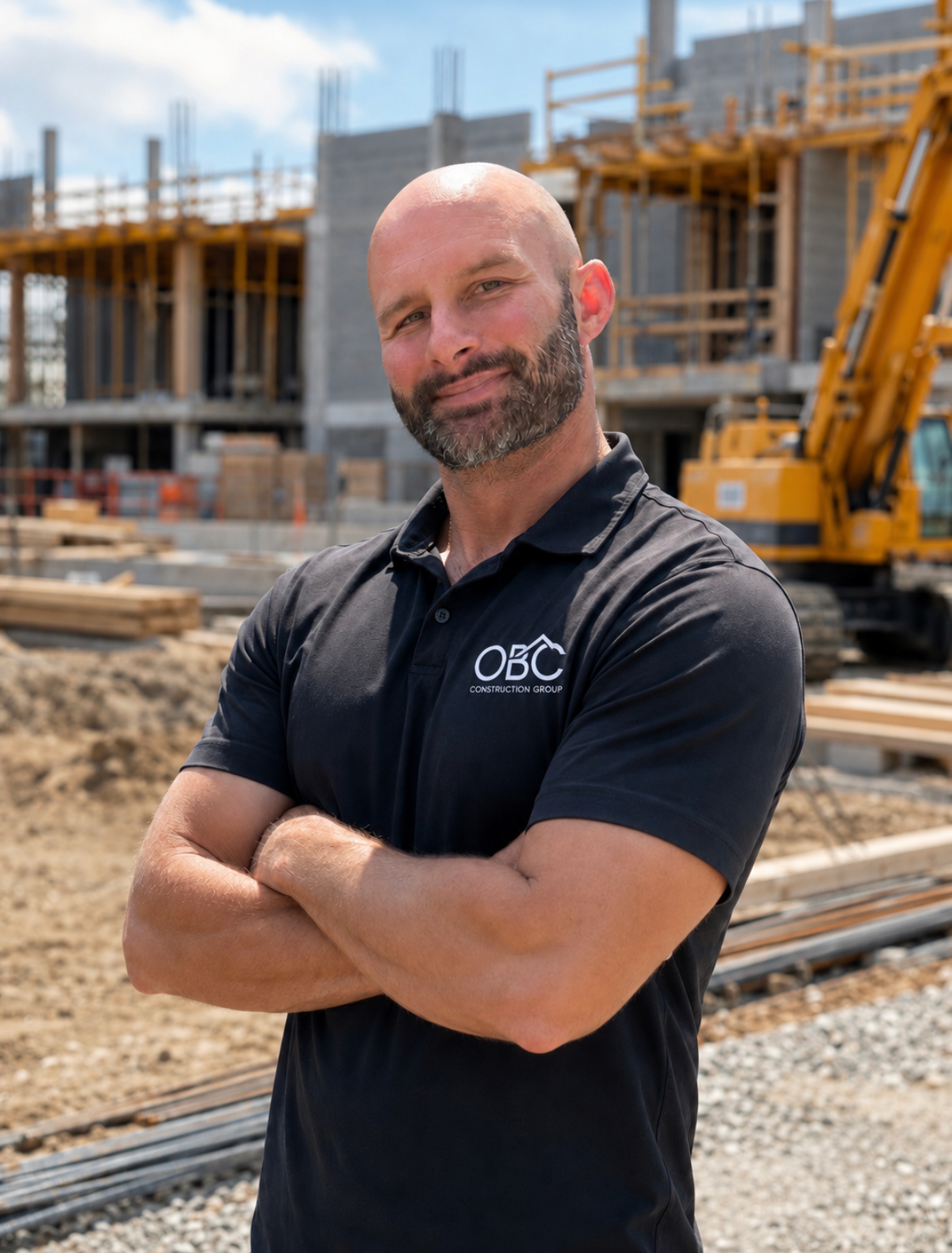 A man with a beard in a black polo shirt with the OBC Construction Group logo, standing with folded arms at a construction site with building framework and construction equipment in the background.