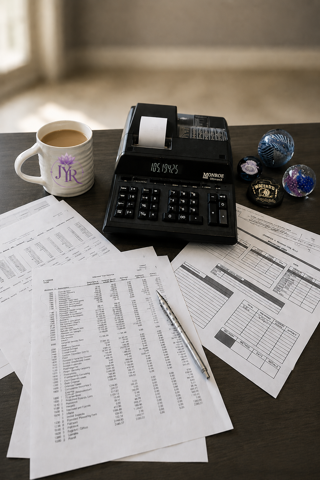 A desk with a coffee mug, a printing calculator, several financial documents, and decorative rocks or paperweights.