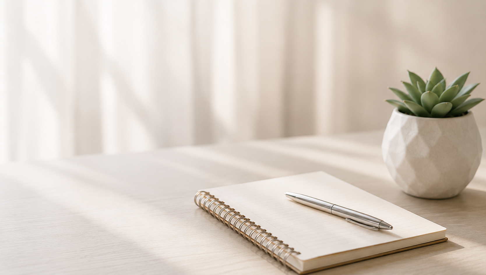 A minimalist workspace with a notebook, a silver pen, and a potted succulent plant on a light wooden desk with soft natural lighting.