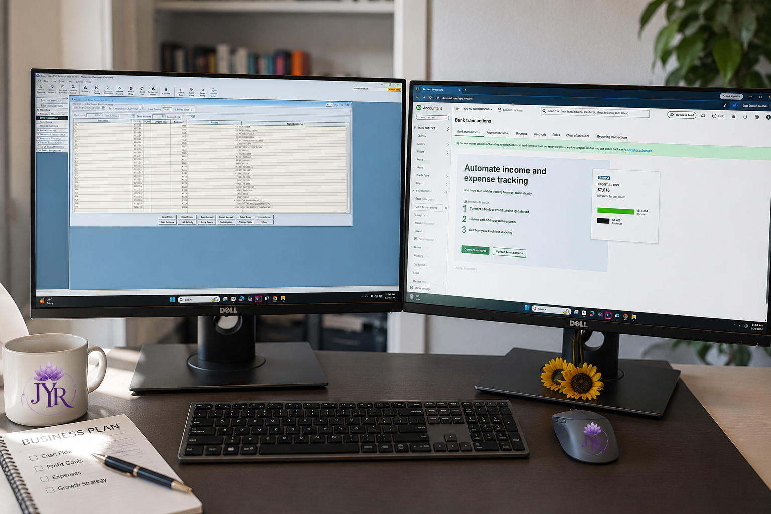 A dual-monitor computer setup on a wooden desk with two Dell screens displaying financial and accounting software. There is a black wireless keyboard, a JYR-branded mouse, a white mug with a purple JYR logo, and a business plan notebook with a pen. A small cluster of sunflowers is on the right monitor's stand, with a bookshelf and plant visible in the background.