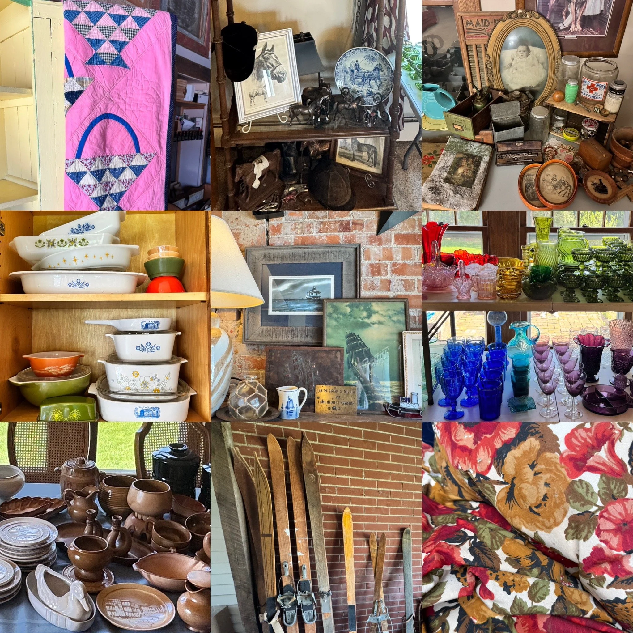 A collage of various vintage and antique items including a bed with pink and blue geometric patterned quilt, a collection of ceramic bowls, framed artwork and photographs, wooden furniture, old skis, glassware, and decorative objects set in different indoor and outdoor settings.