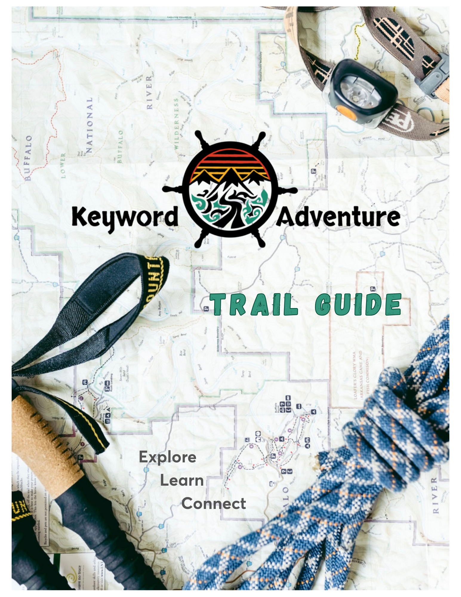 Cover of the Keyword Adventure Trail Guide ebook. The subtitle says "Explore, Learn, Connect."