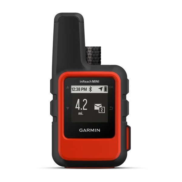 A Garmin inReach satellite communicator, a handheld device with an orange antenna and a small display screen.