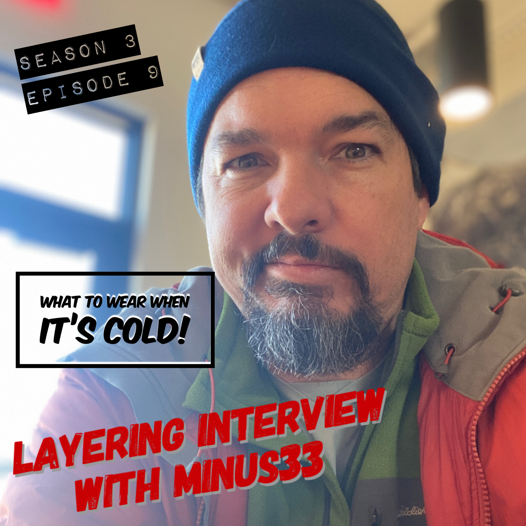 A main in warm layers of clothing and a beanie quirks a smile at the camera. Text announces an Interview with Minus33.