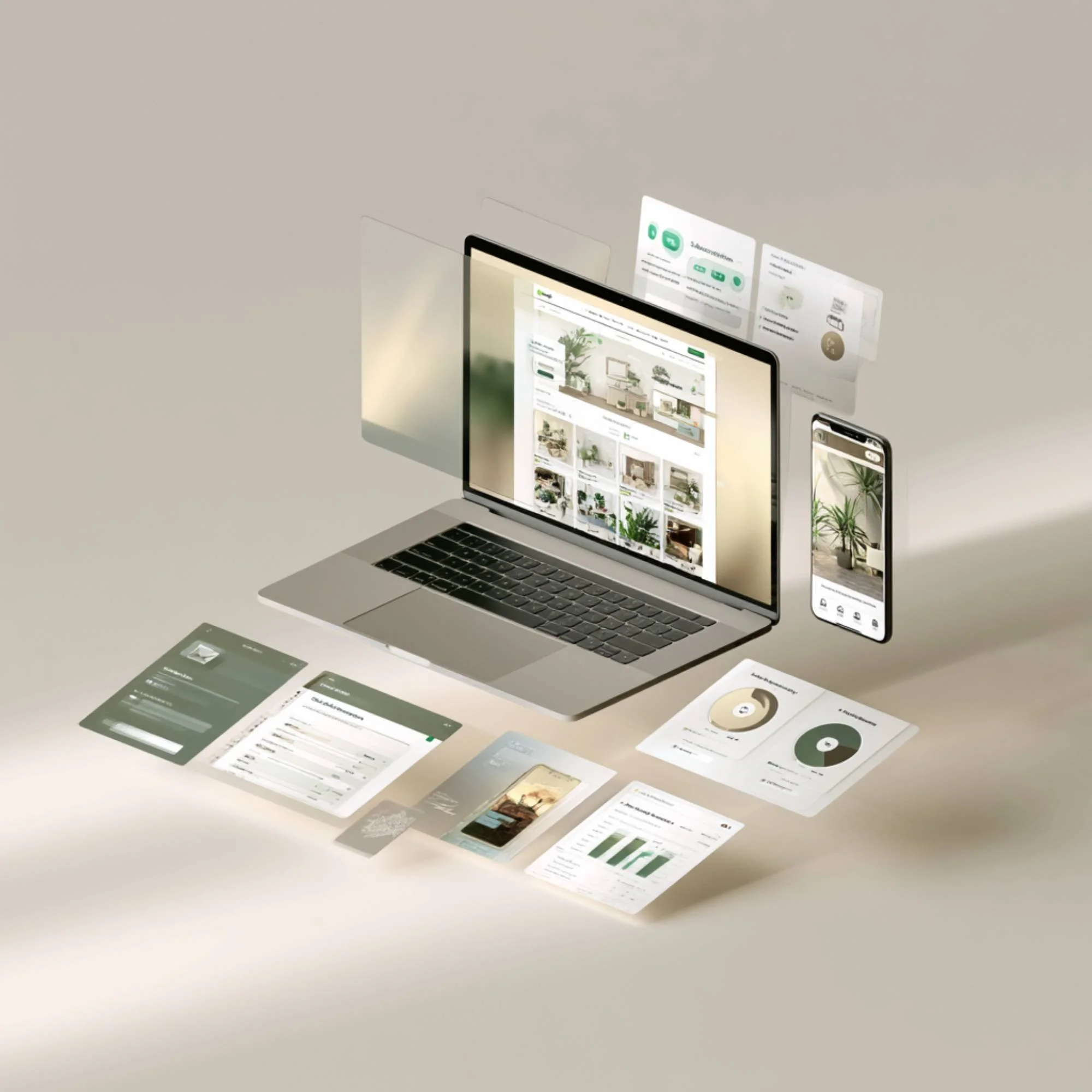 A laptop on a table displaying a website with greenery and furniture, surrounded by printed brochures and papers, with a smartphone nearby.