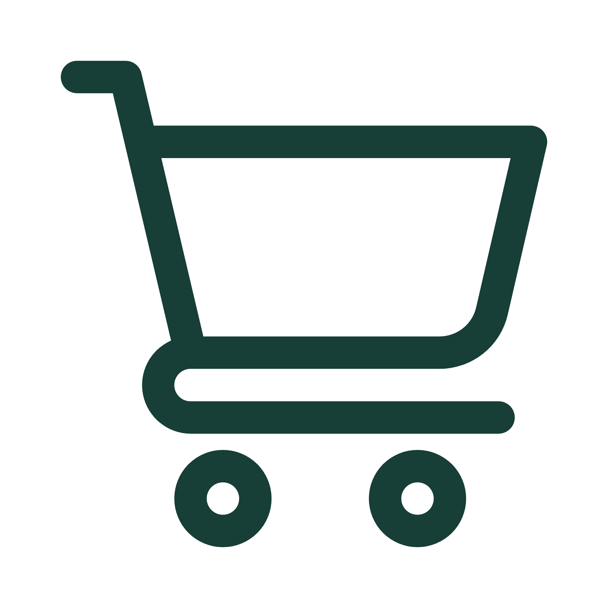Outline of a shopping cart icon in dark green on a black background.