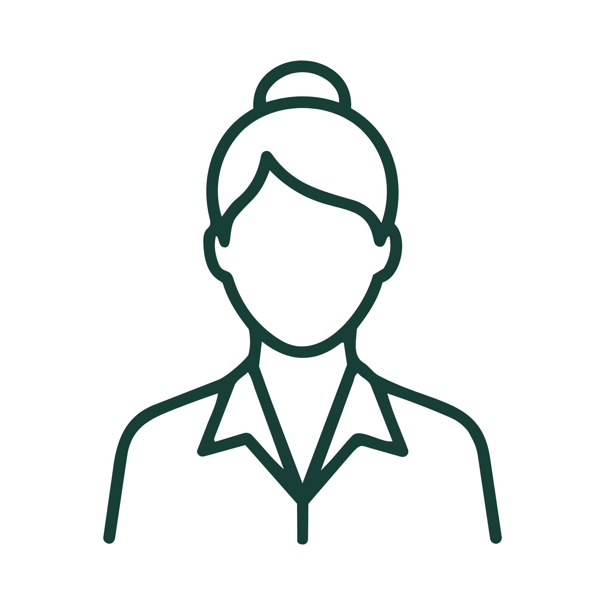 Line drawing of a person's face with short hair, a tie, and a suit jacket.